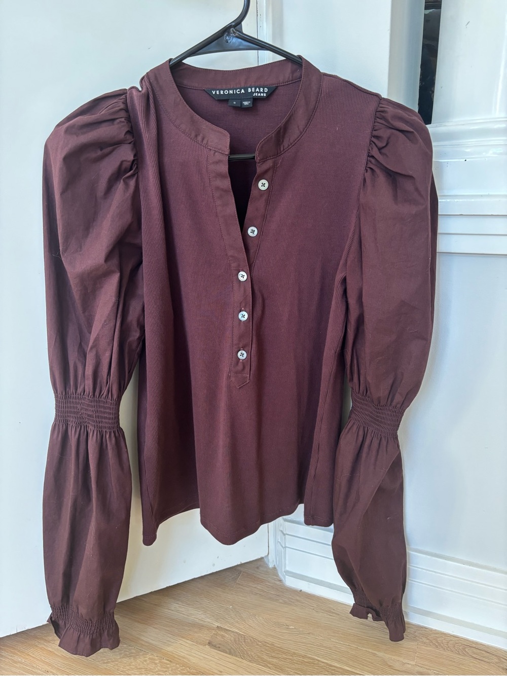 Veronica Beard Burgundy Button-Front Puff Sleeve Henley Top